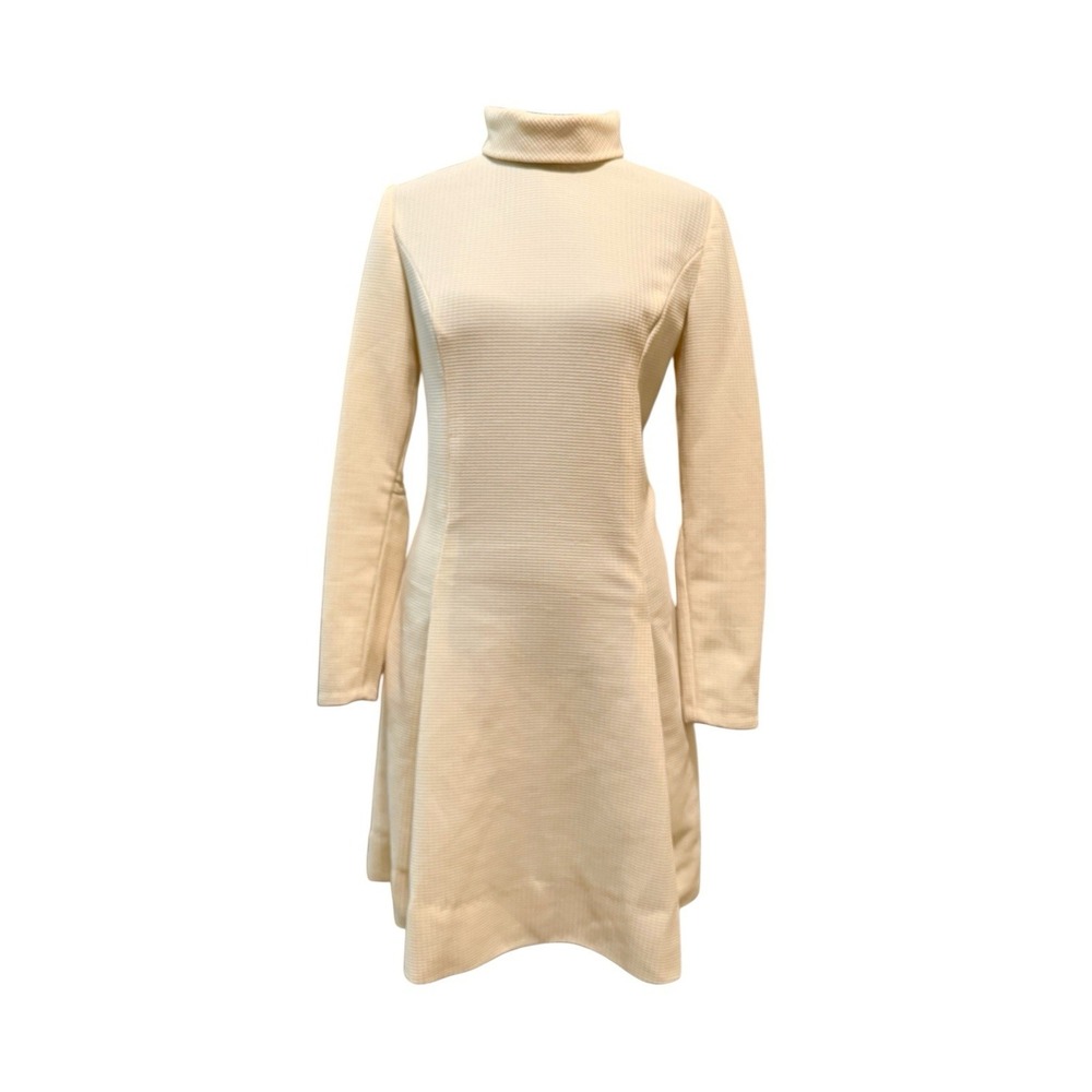 Vintage 1960s Butter Yellow Mod Dress Turtleneck Textured Polyester A Line 60s